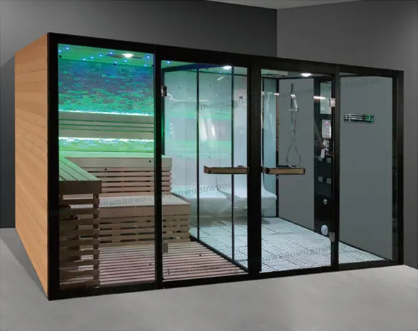 European style outdoor sauna dry and wet combined room with sauna stone exterieur shower room