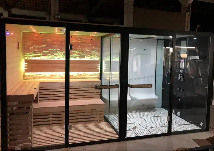 European style outdoor sauna dry and wet combined room with sauna stone exterieur shower room